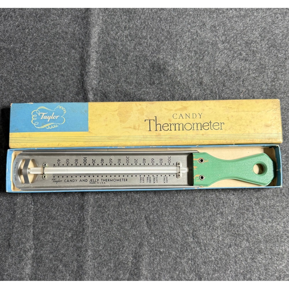 Vintage Taylor Candy and Jelly Thermometer Stainless Steel Green Handle USA Box